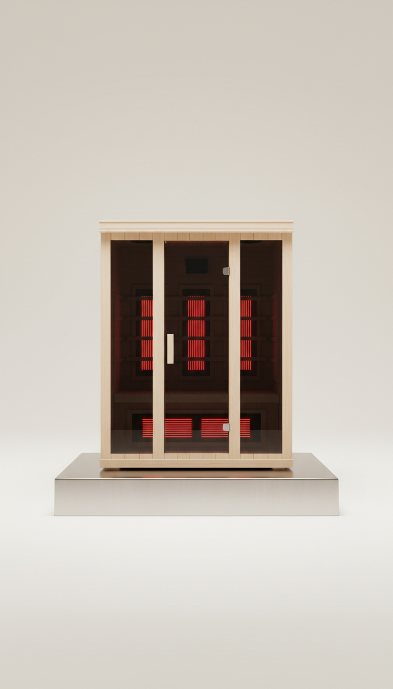 2-person Canadian hemlock full-spectrum infrared sauna with glass door and glowing red heaters