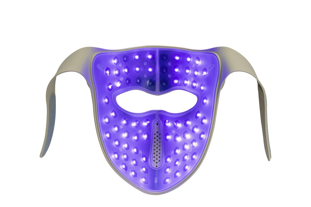 Red Light Therapy Face Mask, flat lay, blue LED mode active