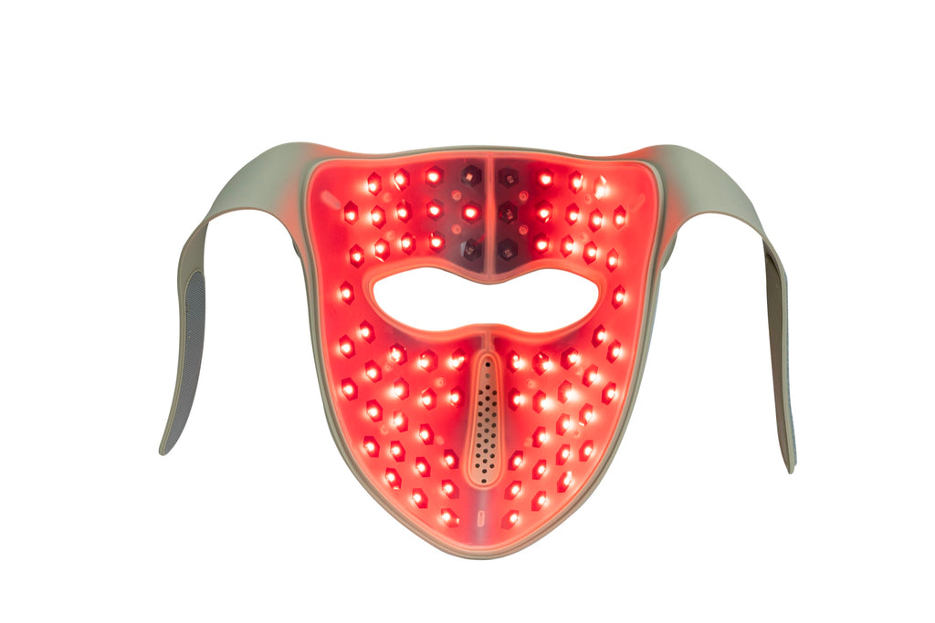 Red Light Therapy Face Mask, flat lay, red LED mode active
